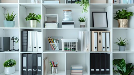 Wall Mural - White bookshelves with black and white documents, a small plastic box in the middle of one shelf containing stationery and an open notebook.
