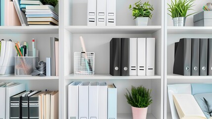 Wall Mural - White bookshelves with black and white documents, a small plastic box in the middle of one shelf containing stationery and an open notebook.
