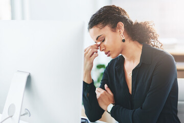 Aufkleber - Businesswoman, computer and headache pain or tired migraine with burnout, fatigue or overtime. Female person, desk and mental health brain fog with tension pressure or frustrated, stress or failure