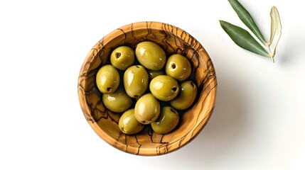 Wall Mural - Fresh green olives in a wooden bowl. Perfect for culinary websites. Great for healthy food blogs. AI.