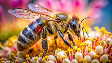 A detailed macro image of a honeybee collecting nectar from a flower, highlighting the symbiotic relationship between plants and insects.