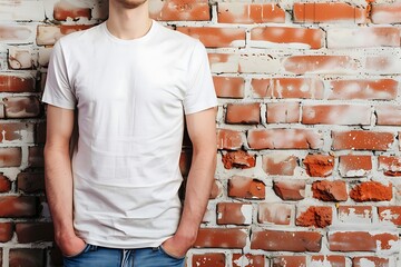 White t-shirt mockup at brick wallpaper background.