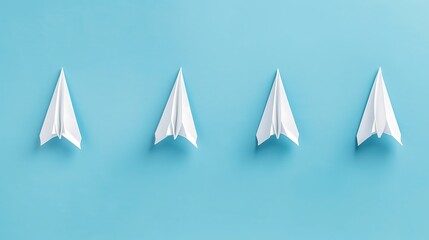 White paper planes in a row on blue background with painted starting effect