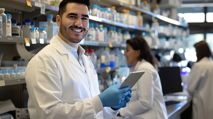 Aufkleber - smiling scientist in a modern lab holding a tablet. contemporary laboratory setting filled with equi