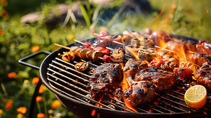 Wall Mural - Summer barbecue cooking over a hot fire