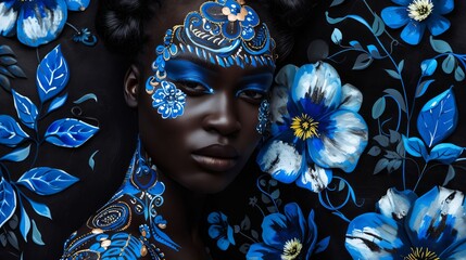 Wall Mural - A woman with blue face paint and flowers on her body.