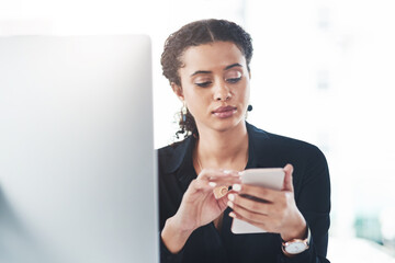 Poster - Woman, employee and smartphone at office browsing internet or for social media post and news update. Female person, computer and searching for online application, networking or communication