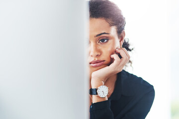 Aufkleber - Woman, employee and tired on computer in office for internet or online error with research for ideas. Female person, pc and stress or sad with burnout from deadline, project or task as copy writer
