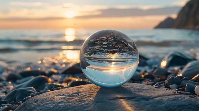 sea and glass ball in the foreground