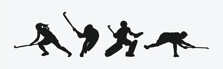 field hockey silhouette set on white background. male and female athletes with different action, pos