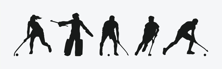 Wall Mural - Field hockey silhouette set on white background. Male and female athletes with different action, pose. Vector illustration.