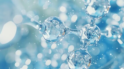 close-up of sparkling water molecules structure on a blue background symbolizing purity and science.