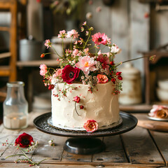 Wall Mural - A white cake decorated on a black plate on a table.