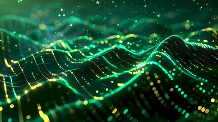 Fototapete - Digital technology wave with glowing green particles. Abstract data stream visualization. Futuristic cyber network background for tech graphics. AI