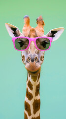 Wall Mural - A quirky giraffe stands out against a vibrant green background while wearing stylish pink sunglasses, adding a cool and playful touch to the scene. Generative AI