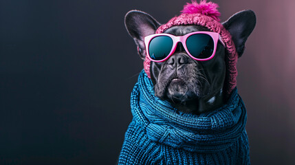 Wall Mural - A fashionable French Bulldog confidently wears sunglasses and a cozy sweater, exuding a cool and trendy vibe. Generative AI
