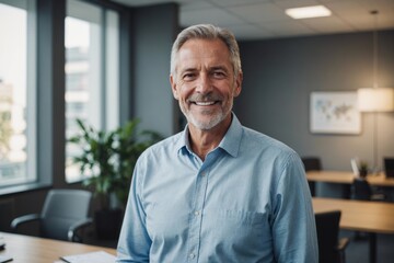 Wall Mural - Portrait of Happy mid aged older business man executive standing in office.