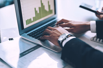 Poster - Laptop, typing and hands of people for data analysis, research and online stats for business growth. Digital charts, graphs and teamwork at computer for sales development, profit or finance in office