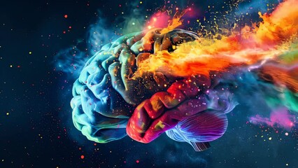 Wall Mural - a colorful human brain with exploding color dust against a dark background. brilliant ideas concept.