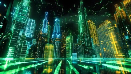 Aufkleber - a digital cityscape with holographic elements and circuit patterns