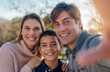 © peopleimages.com - Smile, family selfie and portrait at park together for love, care or people bonding on summer holiday vacation. Face, father or picture of kid with mother outdoor at garden for memory on social media