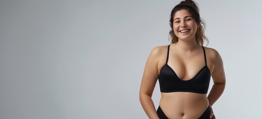 Happy smiling woman with curvy shapes in underwear loves and accepts her beauty and individuality. Concept of body positive, confidence and uniqueness on a banner with copy space and mockup