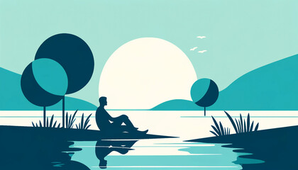 Person relaxing by a tranquil lakeside