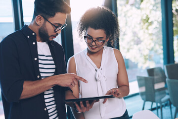 Poster - Tablet, business people and discussion in office for collaboration, teamwork and online plan or web search. Creative directors, man and woman with tech for social media post or internet campaign