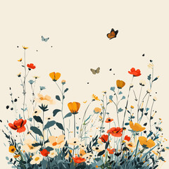 Poster - Meadow with colorful flowers and butterflies flying above it. Vector flat minimalistic isolated illustration