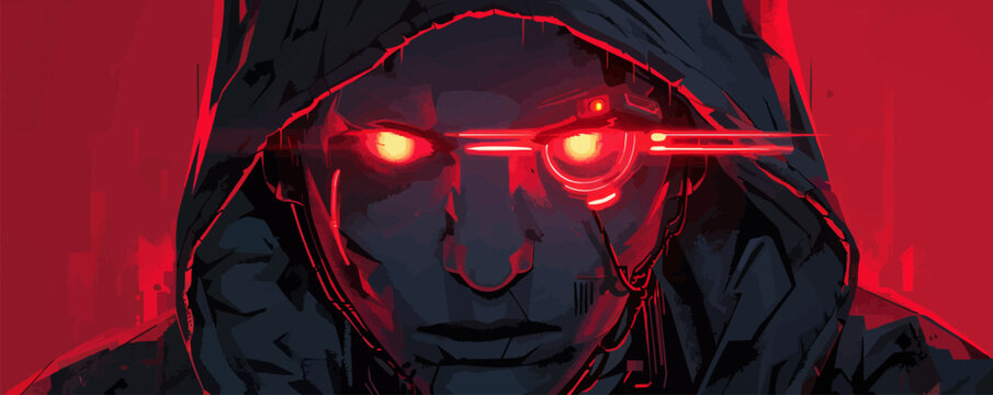 Cyborg head with red light eyes in a hood vector cartoon cyberpunk. vector simple illustration