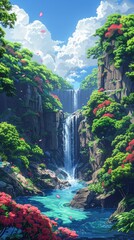 Wall Mural - 8-bit pixel art. Waterfall between two cliffs, beautiful greenery and blue water.