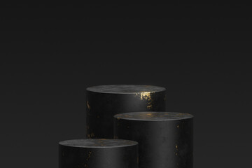 Poster - Gold black podium luxury 3d stage presentation product background display of golden dark stone empty pedestal backdrop elegant studio platform or premium advertising award sale cosmetic marble stand.