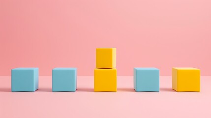 Blue and yellow blocks in a line with the yellow block standing out as the obvious choice on a light pink background