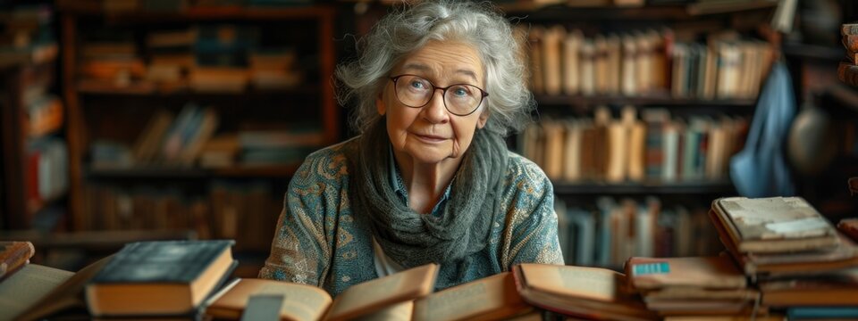 portrait of aged woman with book in bookstore. self care, relation, enjoy  concept.