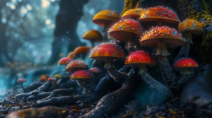 Wall Mural - A cluster of colorful mushrooms nestled among the roots of an ancient oak tree, their caps glistening with dewdrops.