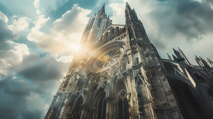 low-angle view of a grand historical cathedral with gothic architecture, sunlight breaking through c