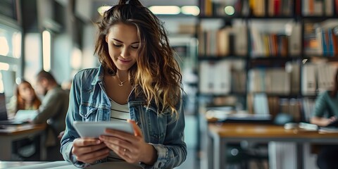 Poster - focused educator utilizing mobile technology in modern library setting