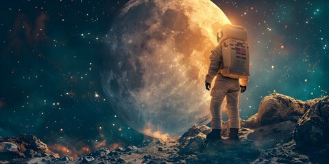 Wall Mural - astronaut gazing at the vast and awe inspiring expanse of the moon lit cosmos representing the pione