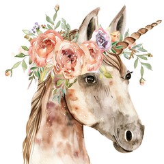 A beautiful watercolor painting of a unicorn with a floral crown