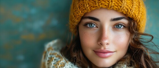 A woman with blue eyes wearing a yellow hat.