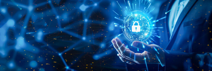 Poster - Cybersecurity and privacy concepts to protect data. Lock icon and internet network security technology