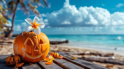 Halloween pumpkin with plumeria flower on wooden table with on tropical beach