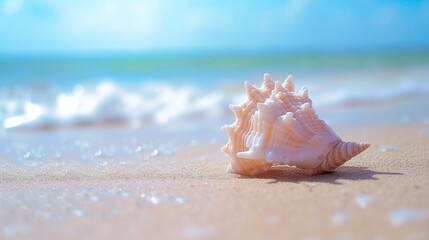 A seashell rests on a sandy beach with the ocean in background. intricate patterns and textures of seashell contrast with the warm, sunlit beach. Gentle waves lap at the shore under a clear blue sky, 