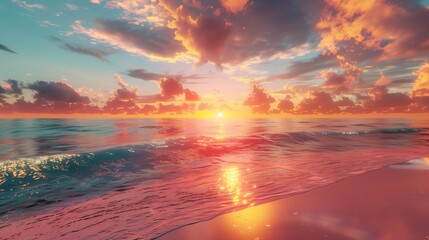 Wall Mural - A pristine beach at sunset, with the sky ablaze in shades of orange and pink above the calm, shimmering waters.