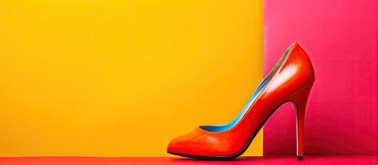 Poster - Top view of stylish high heel shoes on a colorful background with space for text. Creative banner. Copyspace image