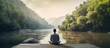 © HN Works - Back view of a man meditating on a wooden pier by the river with plenty of room for adding text or captions. Creative banner. Copyspace image