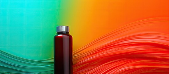 Poster - Copy space image of a shampoo bottle and a single strand of hair against a colorful background allowing room for text