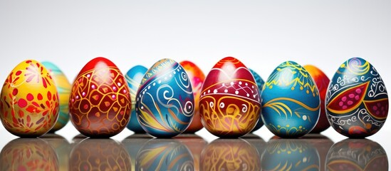 Poster - Festively painted Easter eggs on a white background creating a vibrant and visually appealing copy space image