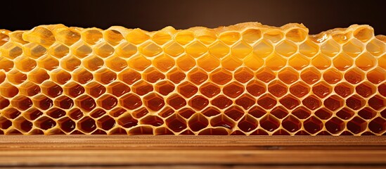 Poster - A close up image of a honeycomb on a wooden background with ample copy space