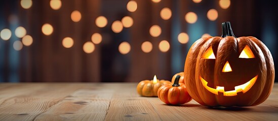 Poster - Blur background adds depth to Halloween pumpkin on wooden planks creating an interesting copy space image
